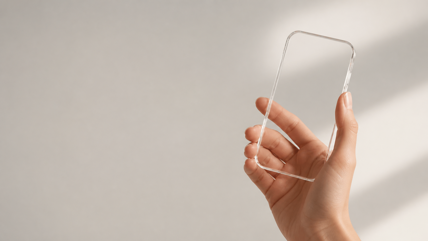 Eine Hand hält ein transparentes, smartphoneförmiges Objekt aus Acrylglas.